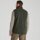 Back view of a men’s dark green fleece gilet showing the high collar and straight hem.