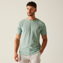 A man wearing a light blue/green short-sleeved t-shirt with small Regatta branding on the chest and sleeve.