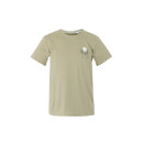The front of a sand-coloured t-shirt with a small print on the chest.