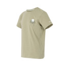 A side view of a sand-coloured t-shirt with a small print on the chest.