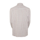 The back of a rust coloured check shirt