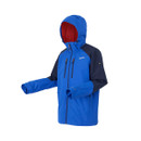 A side view of a blue and navy hooded jacket with orange lining.