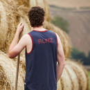 A man from behind wearing a  navy vest