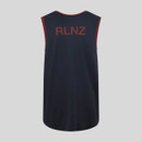 The back of a navy vest top with RLNZ printed on the back