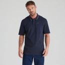 A front view of a man wearing a navy Ridgeline polo shirt