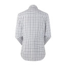 The back of a navy check shirt