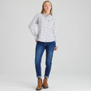 A front view of a woman wearing a Ridgeline Sedgebrook check shirt in navy