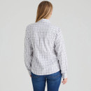 A back view of a woman wearing a Ridgeline Sedgebrook check shirt in navy