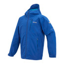 Blue waterproof jacket with a hood, featuring a chest pocket and zippered side pockets. The jacket has a sporty design and a small logo on the chest.