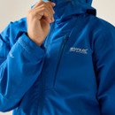 Person wearing a bright blue Regatta jacket with a zip and hood. The hand is adjusting the collar. The jacket has the Regatta logo on the chest.