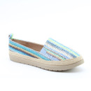 Colourful woven slip-on shoe featuring zigzag patterns in blue, green, and beige with a jute trim and a light grey interior on a white background