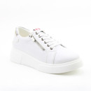 White trainers with a stylish design, featuring a side zip and textured sole for added comfort and a modern look on a white background
