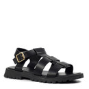 Black leather sandal featuring multiple straps and a gold buckle, set on a rugged, textured sole.