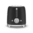 Black toaster with silver accents, featuring two slots, a circular control dial, and buttons for settings and stopping.