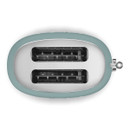 Top view of a modern two-slice toaster in a soft emerald green colour with a polished metal finish and a rounded design.