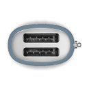 Top view of a sleek, oval-shaped toaster with two slots and a blue outline on a white background.