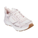 A light pink trainer with a white sole on a white background