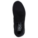 Top view of a black slip-on trainer with mesh fabric and a visible "Skechers Slip-ins" label inside. The design suggests comfort and ease.