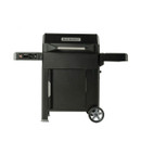 Black Masterbuilt grill with digital control panel and attached side shelf, mounted on wheels for easy mobility.