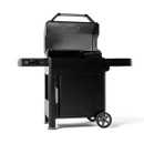 A sleek black pellet grill with an open lid, digital control panel, and side shelves on a wheeled base for easy mobility.
