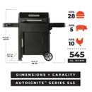 Masterbuilt Autoignite Series 545 grill features dimensions 43”H x 46”W x 24”D, with a cooking capacity of 28 burgers, 5 ribs, or 10 chickens.