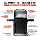A detailed digital charcoal grill and smoker, highlighting features like app control, quick ignition, and storage options.