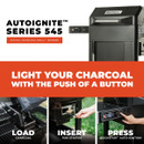 Image of the Masterbuilt Autoignite Series 545 charcoal grill, showcasing its features: loading charcoal, inserting fire starter, and auto-ignition.