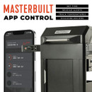 A Masterbuilt grill with app control displays a smartphone showing temperature tracking and alerts for cooking probes.