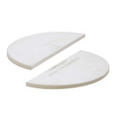Two white, semi-circular ceramic pieces with the engraved text "Kamado Joe Heat Deflector" on one, designed for grill use.
