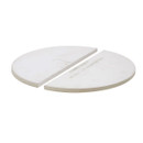Two half moon shaped heat deflectors made of white material, with "Kamado Joe Heat Deflector" embossed on the surface.