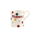A view of a white mug with multicoloured polka dots with "MUMMY" written in red writing on a white background
