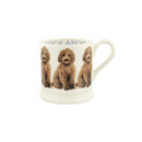 A side view of a white mug with brown cockatoos on a white background