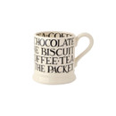 A side view of a white mug with black writing on a white background