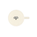 A bottom view of a white mug with black writing on a white background