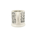 A back view of a white mug with black writing on a white background