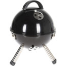 A compact black charcoal grill with a round body, stainless steel legs, and a lid featuring air vents and a handle on top.