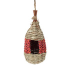 A handmade woven birdhouse in natural fibres with colourful accents, hanging by a twine loop, designed for small birds.