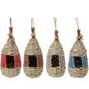 Four decorative woven birdhouses in earthy tones, each featuring colourful patterned openings, hang against a white background.