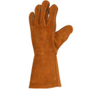Brown leather gloves with a long cuff, designed for protection in high-heat, displayed palm-up against a white background.