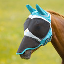 A brown horse wearing a teal fly mask with ear and nose coverings.