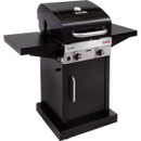 A sleek black gas grill with two burners, side tables, and a cabinet, designed for outdoor cooking and barbecuing.