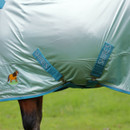 Side detail of the light blue fly combo rug showing the belly straps, fit across the body and small Winnie the Pooh motif.