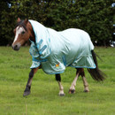 Light blue Winnie the Pooh fly combo rug on a horse in a grassy field, full side view with neck cover and tail flap.