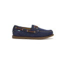 A navy boat shoe from the side