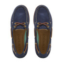 A pair of navy boat shoes from above