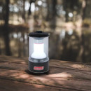 A glowing Coleman lantern sits on a wooden surface, surrounded by a serene forest and a calm reflective water background.