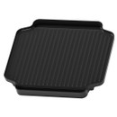 A square black grill pan with raised ridges and a small lip, designed for cooking meats and vegetables.
