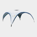 A large, white and navy event shelter, offering shade for outdoor events or gatherings.