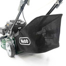A view of the back of the lawn mower with the grass collection bag.