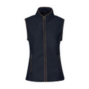 Navy blue gilet with a high collar and front zip. Features zippered pockets on both sides. Simple, stylish design.